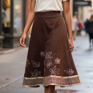 Linen Blend Lapis Chocolate Skirt with Floral Embroidery 6864